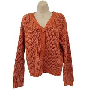 Hanna Andersen Women's Sz 12 Orange Gold Metallic Thread V Neck Cardigan Sweater